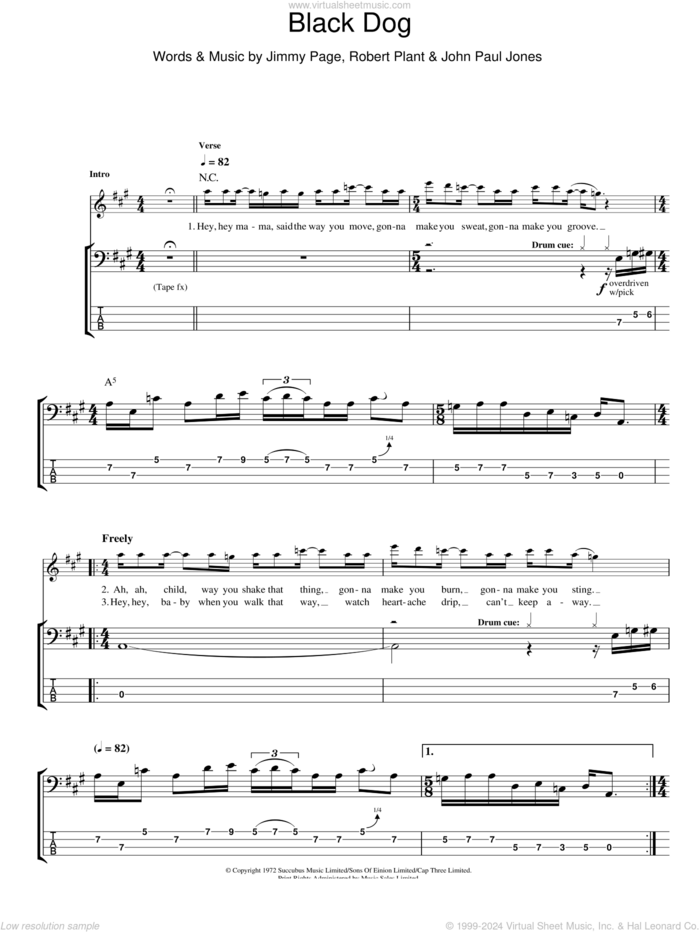 Black Dog sheet music for bass (tablature) (bass guitar) by Led Zeppelin, Jimmy Page, John Paul Jones and Robert Plant, intermediate skill level