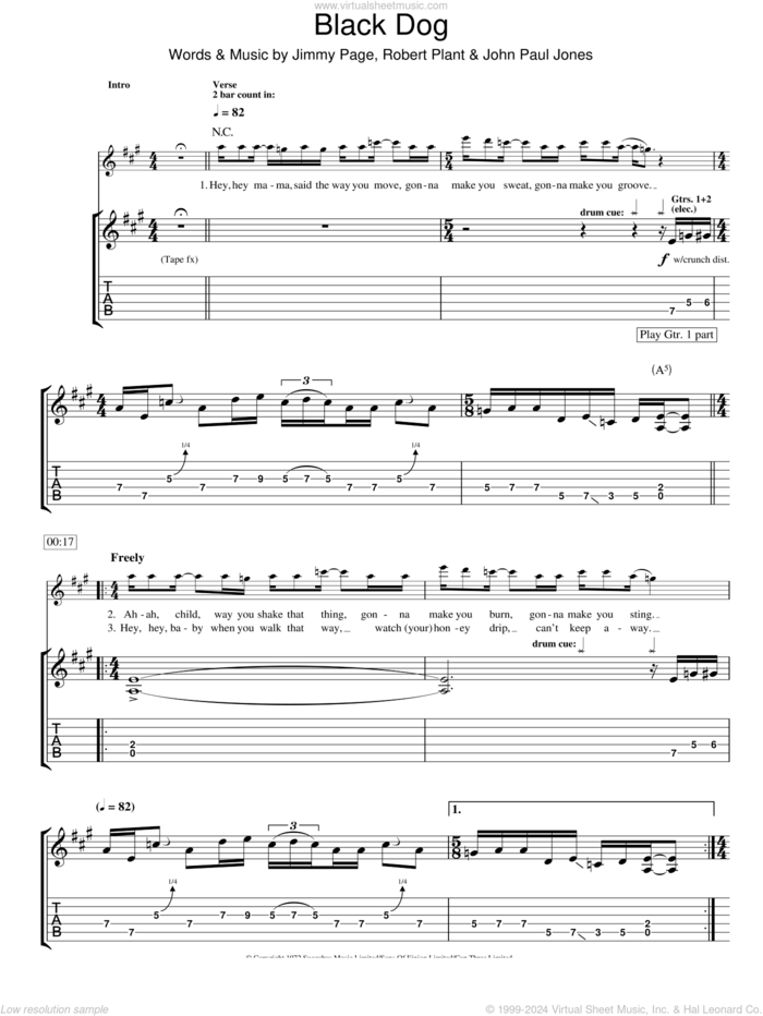 Black Dog sheet music for guitar (tablature) by Led Zeppelin, Jimmy Page, John Paul Jones and Robert Plant, intermediate skill level