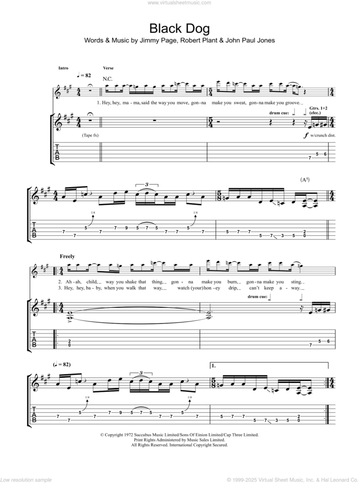 Black Dog sheet music for guitar (tablature) by Led Zeppelin, Jimmy Page, John Paul Jones and Robert Plant, intermediate skill level
