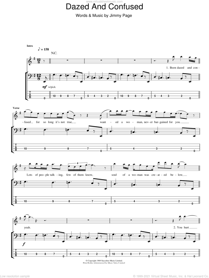 Zeppelin - Dazed And Confused sheet music for bass (tablature) (bass guitar)