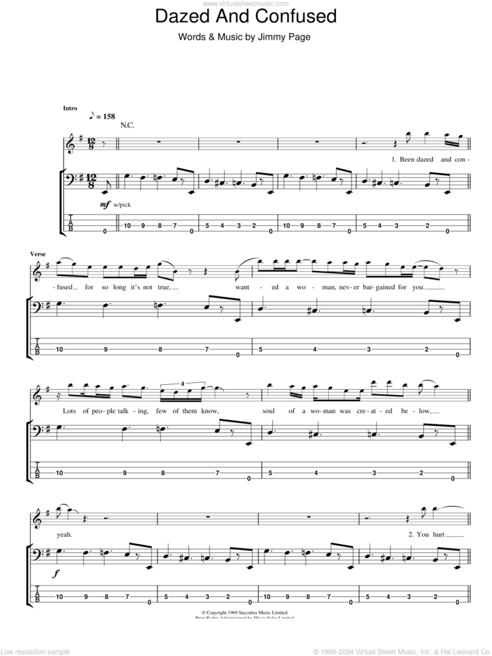 Dazed And Confused sheet music for bass (tablature) (bass guitar) by Led Zeppelin and Jimmy Page, intermediate skill level