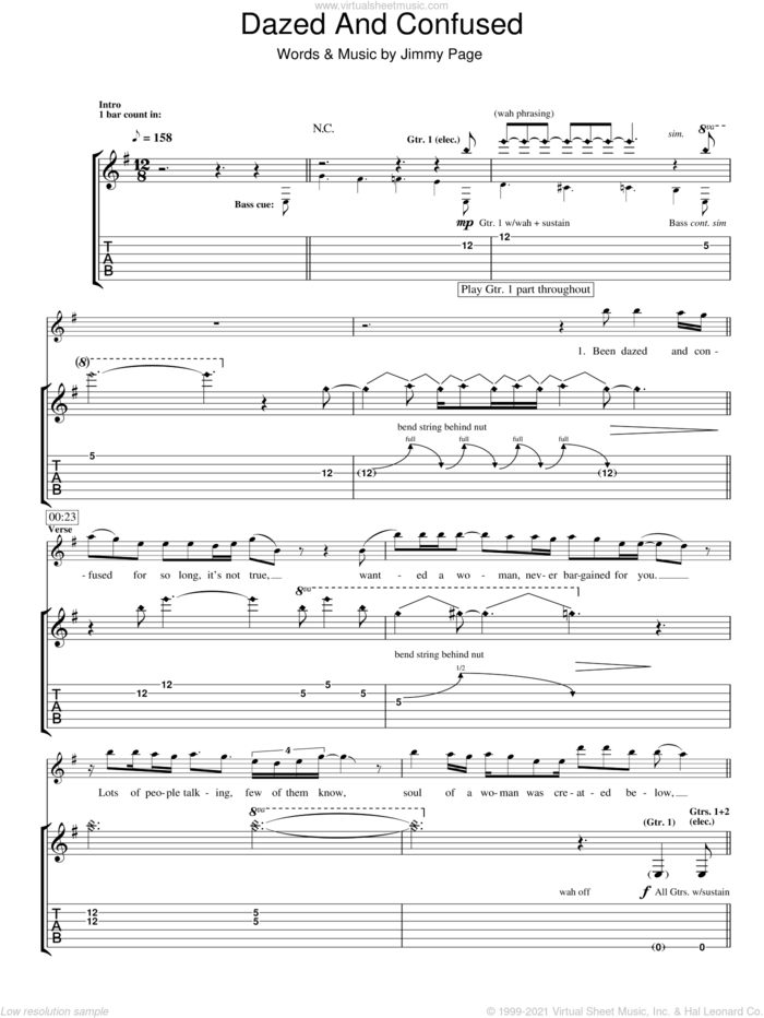 Dazed And Confused sheet music for guitar (tablature) by Led Zeppelin and Jimmy Page, intermediate skill level