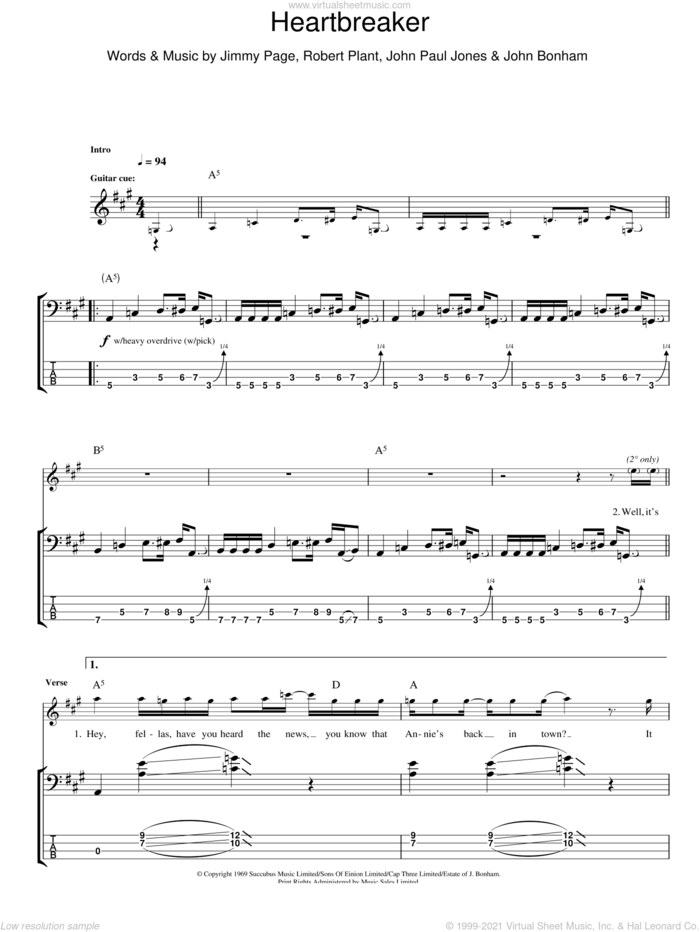 Heartbreaker sheet music for bass (tablature) (bass guitar) by Led Zeppelin, Jimmy Page, John Bonham, John Paul Jones and Robert Plant, intermediate skill level