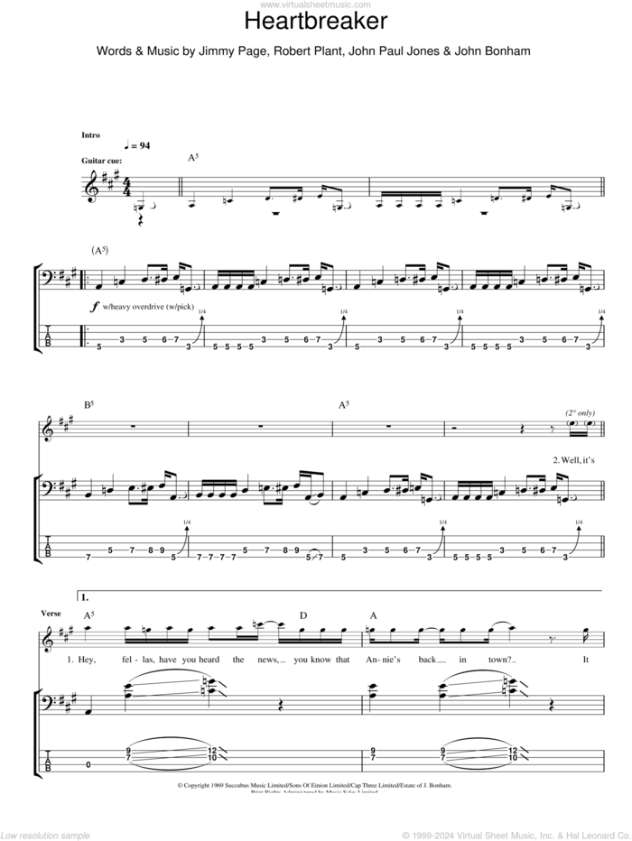 Heartbreaker sheet music for bass (tablature) (bass guitar) by Led Zeppelin, Jimmy Page, John Bonham, John Paul Jones and Robert Plant, intermediate skill level