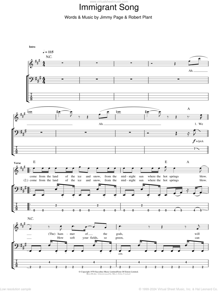 Immigrant Song sheet music for bass (tablature) (bass guitar) by Led Zeppelin, Jimmy Page and Robert Plant, intermediate skill level