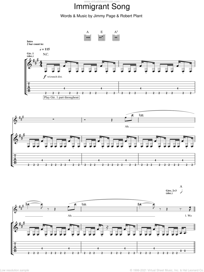 Immigrant Song sheet music for guitar (tablature) by Led Zeppelin, Jimmy Page and Robert Plant, intermediate skill level