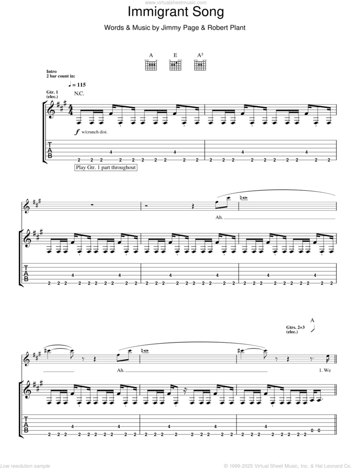 Immigrant Song sheet music for guitar (tablature) by Led Zeppelin, Jimmy Page and Robert Plant, intermediate skill level