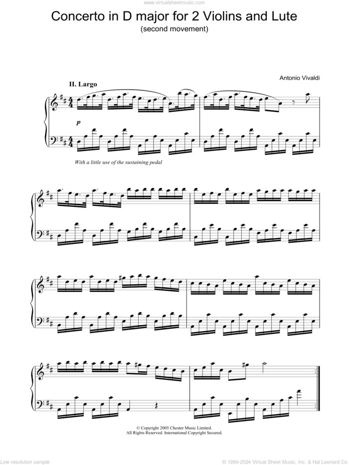 Concerto in D major for 2 Violins and Lute (second movement) sheet music for piano solo by Antonio Vivaldi, classical score, intermediate skill level