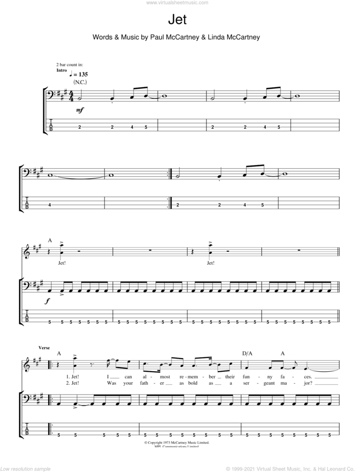 Jet sheet music for bass (tablature) (bass guitar) by Linda McCartney, Paul McCartney and Paul McCartney and Wings, intermediate skill level