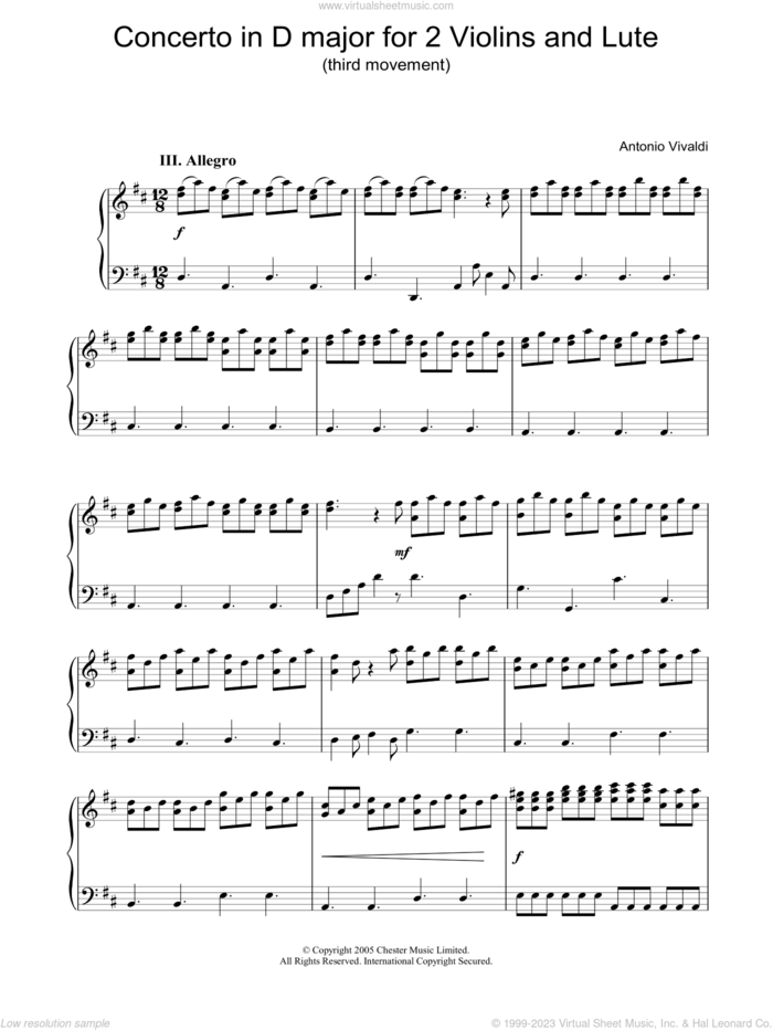Concerto in D major for 2 Violins and Lute (third movement) sheet music for piano solo by Antonio Vivaldi, classical score, intermediate skill level