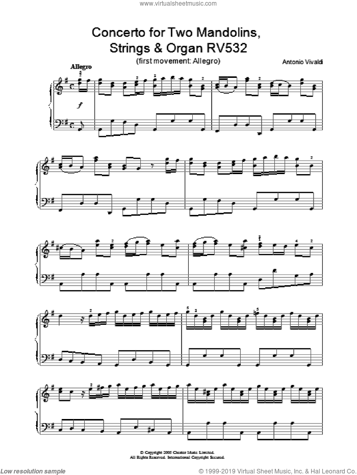 Concerto for Two Mandolins, Strings and Organ RV532 (1st Movement: Allegro) sheet music for piano solo by Antonio Vivaldi, classical score, intermediate skill level