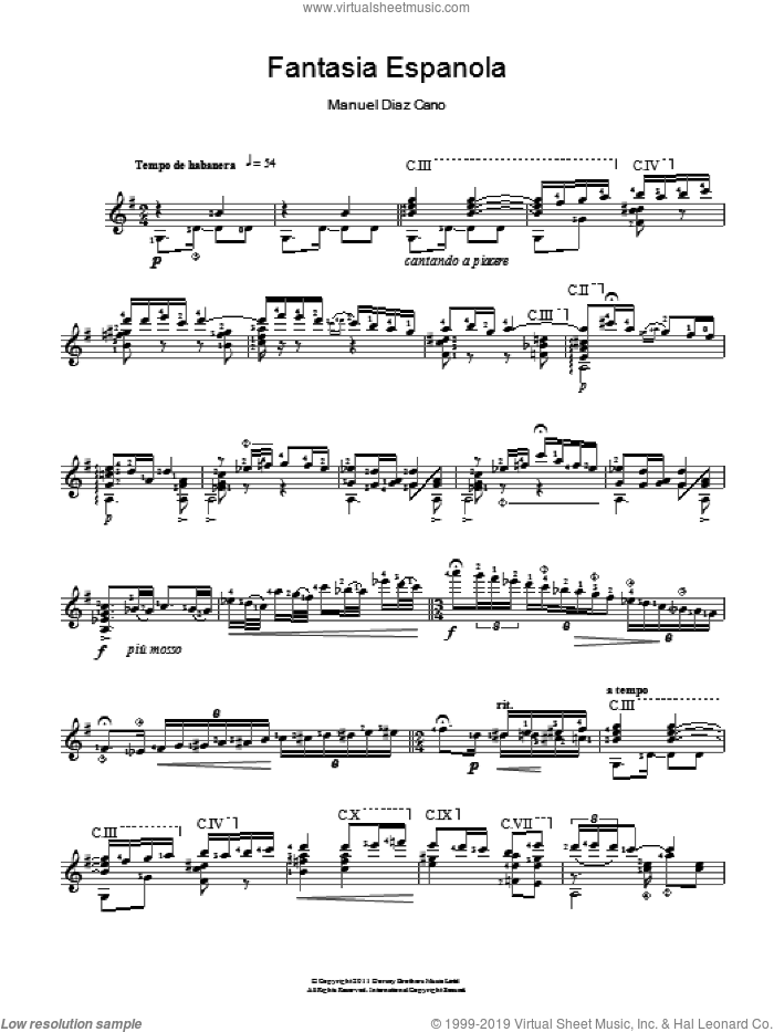 Fantasia Espanola sheet music for guitar solo (chords) by Manuel Diaz Cano and Manuel Diaz Cano, classical score, easy guitar (chords)