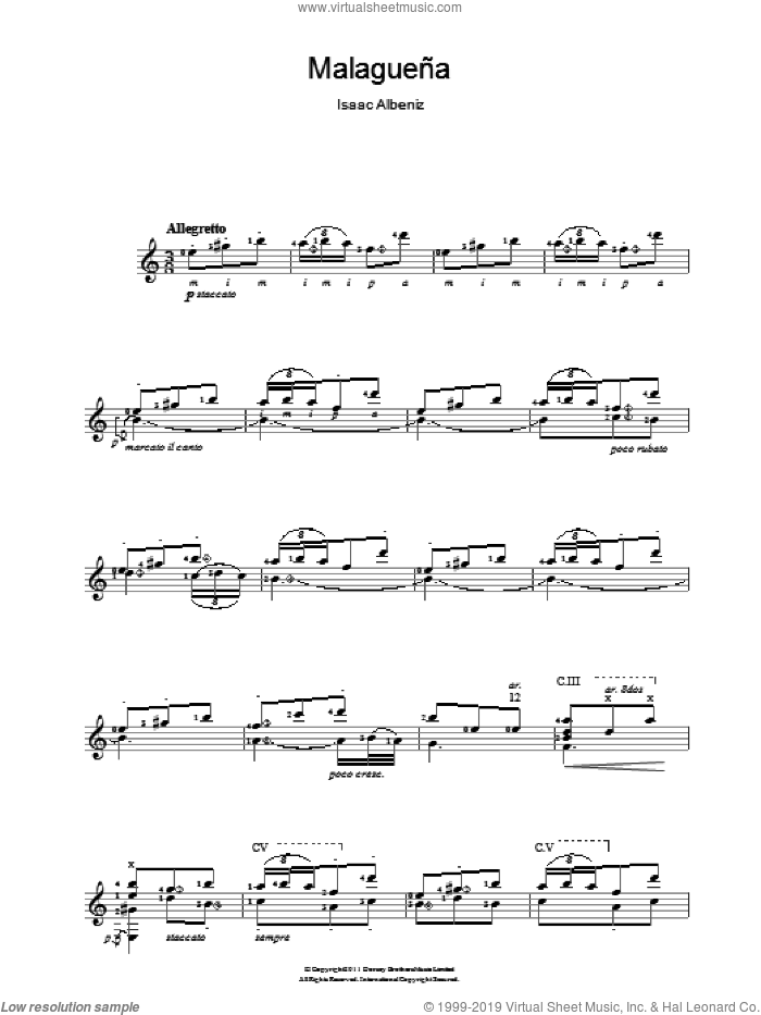 Malaguena sheet music for guitar solo (chords) by Isaac Albeniz, classical score, easy guitar (chords)
