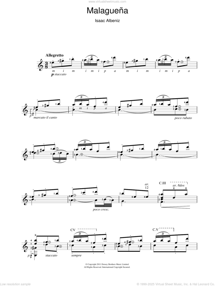Malaguena sheet music for guitar solo (chords) by Isaac Albeniz, classical score, easy guitar (chords)