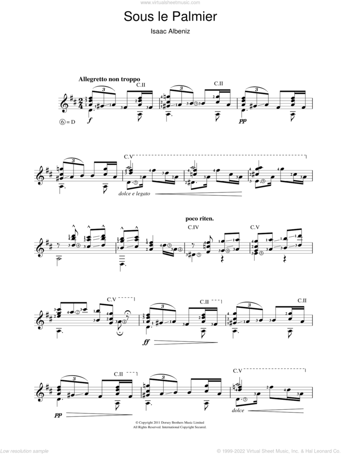 Sous Le Palmier sheet music for guitar solo (chords) by Isaac Albeniz, classical score, easy guitar (chords)