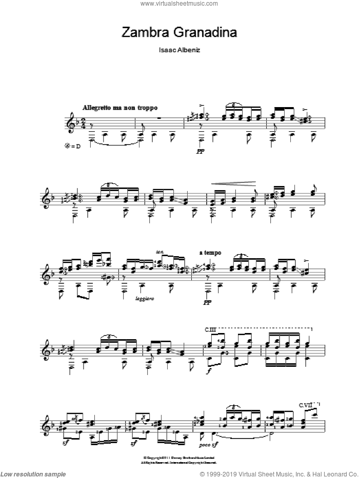 Zambra Granadina sheet music for guitar solo (chords) by Isaac Albeniz, classical score, easy guitar (chords)