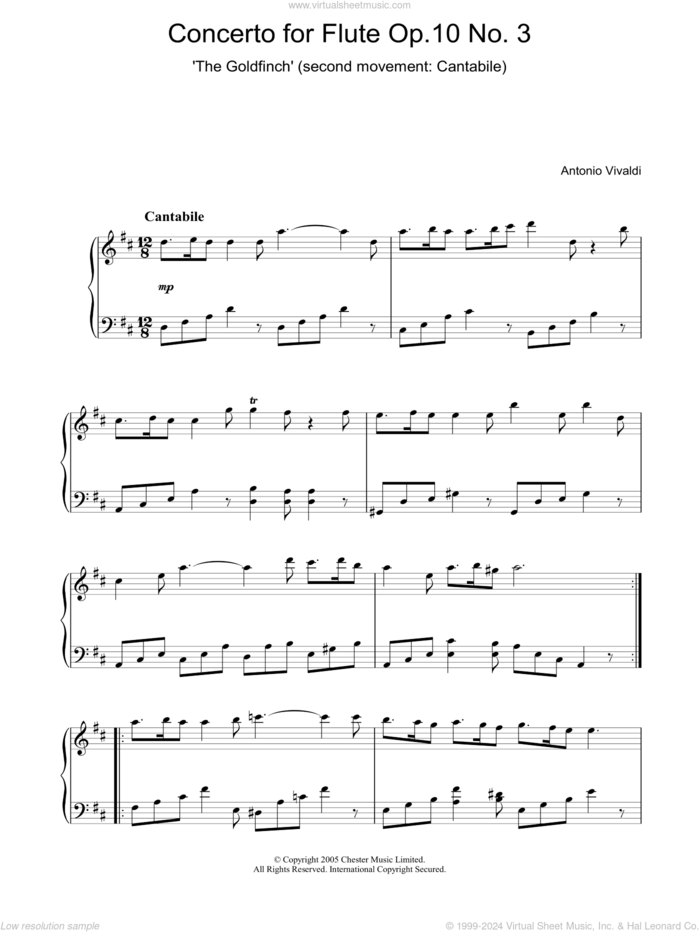 Concerto for Flute Op.10, No.3 'The Goldfinch' (2nd Movement: Cantabile) sheet music for piano solo by Antonio Vivaldi, classical score, intermediate skill level