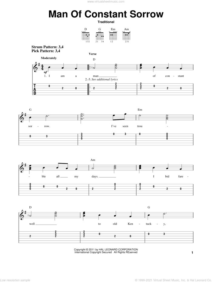 Man Of Constant Sorrow sheet music for guitar solo (easy tablature), easy guitar (easy tablature)