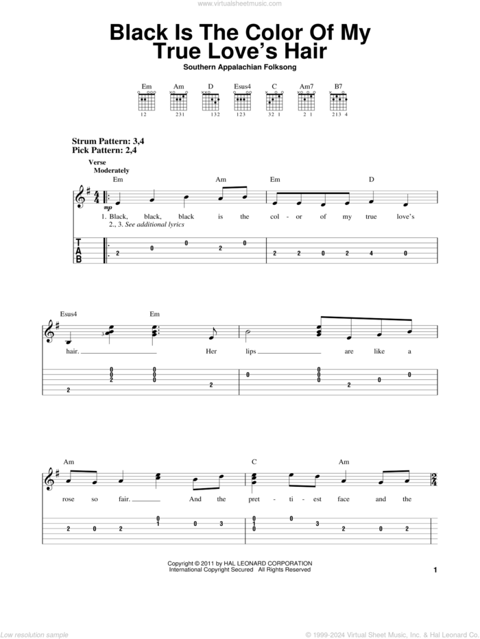 Black Is the Color of My True Love's Hair sheet music for guitar solo (easy tablature), easy guitar (easy tablature)