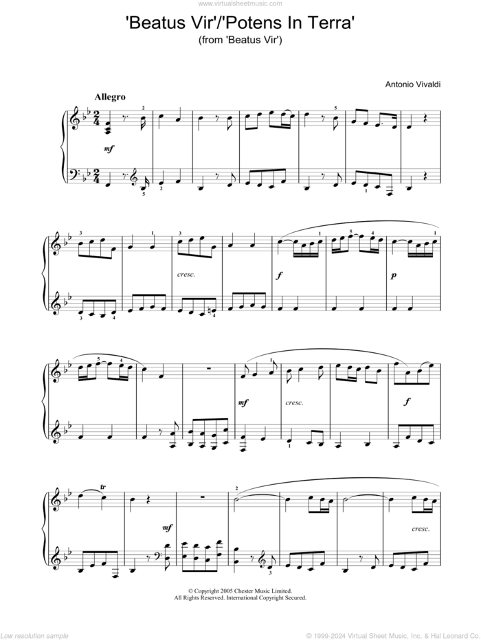 'Beatus Vir'/'Potens In Terra' (from 'Beatus Vir') sheet music for piano solo by Antonio Vivaldi, classical score, intermediate skill level