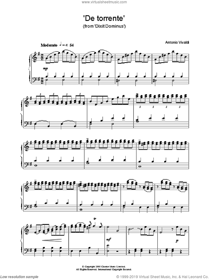 'De Torrente' (from 'Dixit Dominus') sheet music for piano solo by Antonio Vivaldi, classical score, intermediate skill level