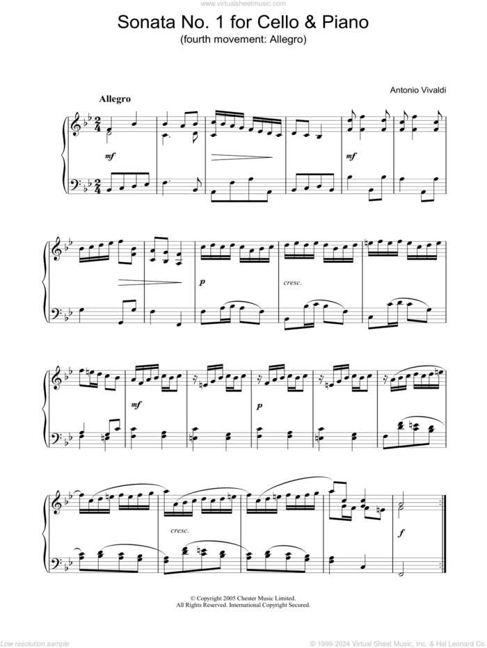 Sonata No.1 for Cello and Piano (4th Movement: Allegro) sheet music for piano solo by Antonio Vivaldi, classical score, intermediate skill level