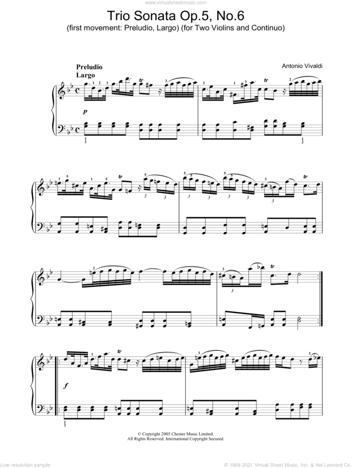 Trio Sonata Op.5, No.6 (1st Movement: Preludio, Largo) (for Two Violins and Continuo) sheet music for piano solo by Antonio Vivaldi, classical score, intermediate skill level