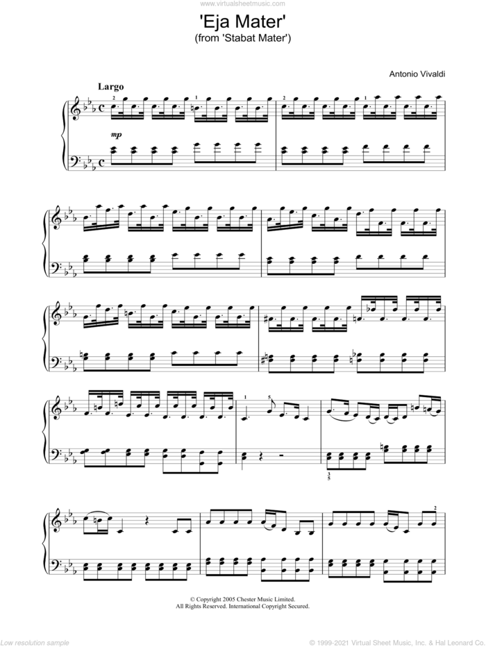 'Eja Mater' (from 'Stabat Mater') sheet music for piano solo by Antonio Vivaldi, classical score, intermediate skill level