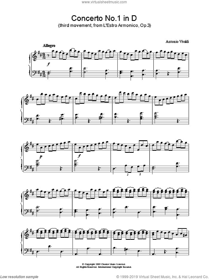 Concerto No.1 (3rd Movement: Allegro) from 'L'Estro Armonico' Op.3 sheet music for piano solo by Antonio Vivaldi, classical score, intermediate skill level