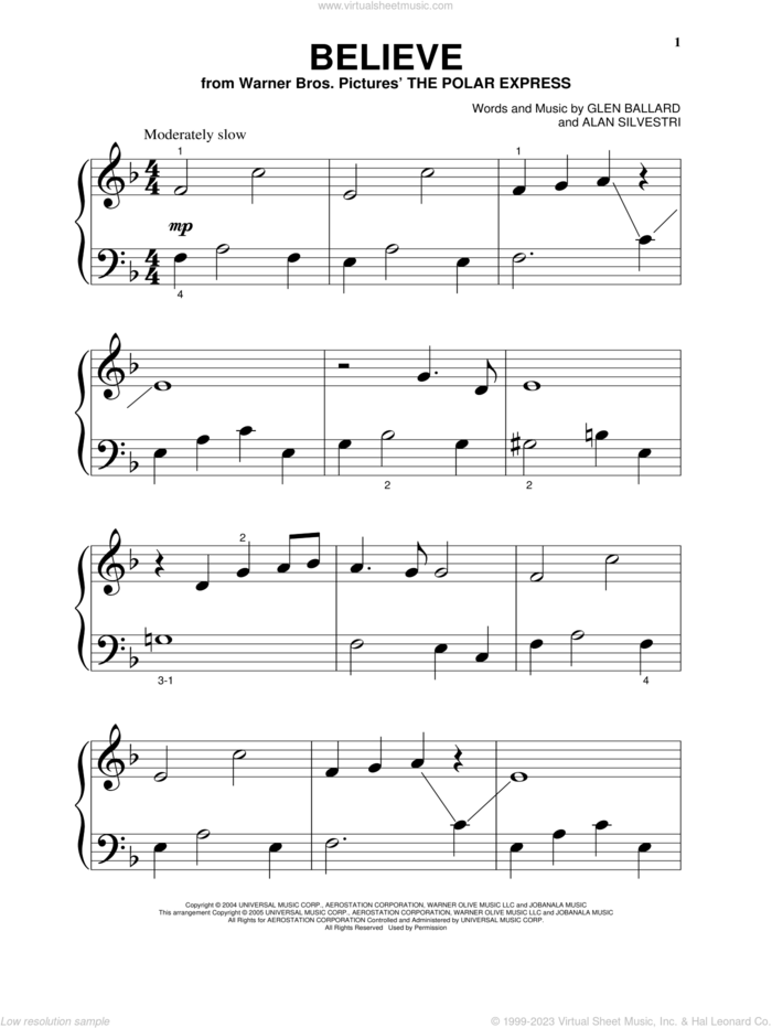 Believe (from The Polar Express) sheet music for piano solo by Josh Groban, Alan Silvestri and Glen Ballard, beginner skill level