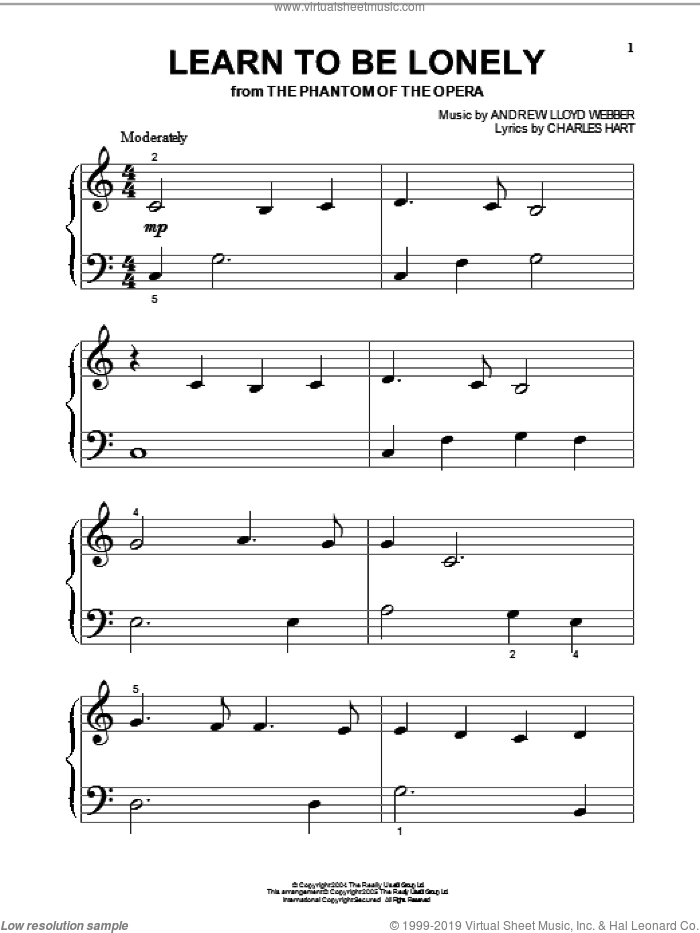 Learn To Be Lonely sheet music for piano solo (big note book) by Andrew Lloyd Webber, The Phantom Of The Opera (Musical) and Charles Hart, easy piano (big note book)