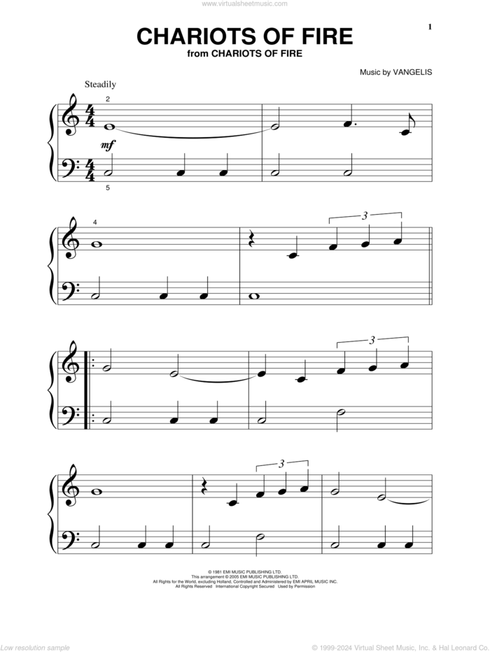 Chariots Of Fire, (beginner) sheet music for piano solo by Vangelis, beginner skill level