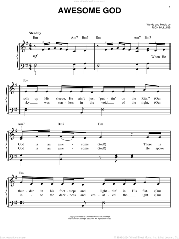 Awesome God, (easy) sheet music for piano solo by Rich Mullins, easy skill level