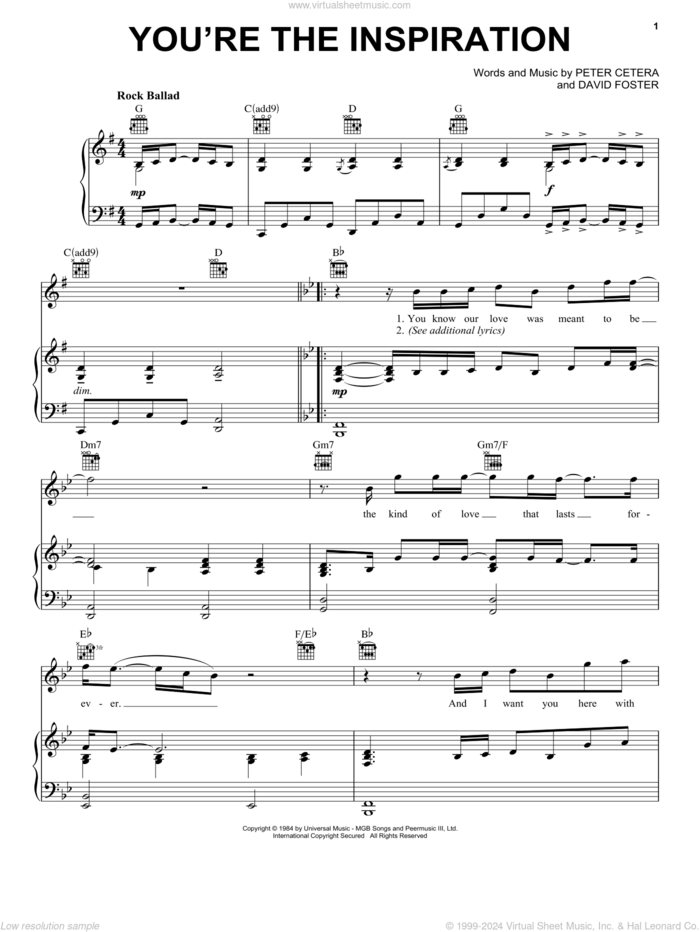 You're The Inspiration sheet music for voice, piano or guitar by Chicago, David Foster and Peter Cetera, wedding score, intermediate skill level