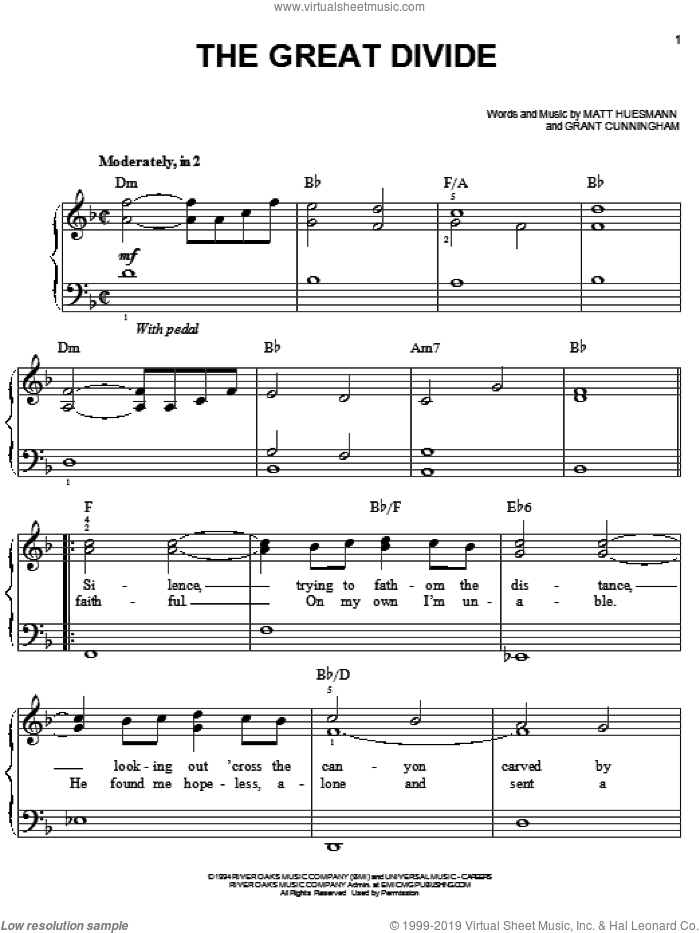 The Great Divide sheet music for piano solo by Point Of Grace, Grant Cunningham and Matt Huesmann, easy skill level