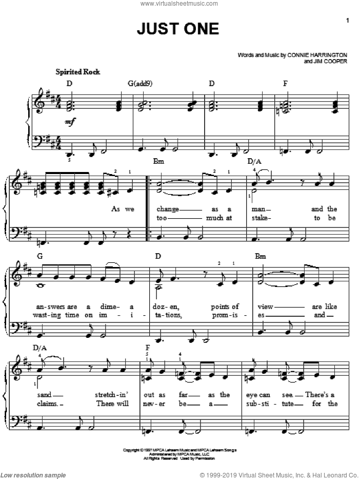 Just One sheet music for piano solo by Phillips, Craig & Dean, Connie Harrington and Jim Cooper, easy skill level
