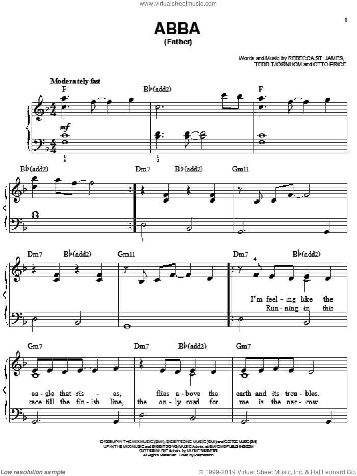 Abba (Father) sheet music for piano solo by Rebecca St. James, Otto Price and Tedd Tjornhom, easy skill level
