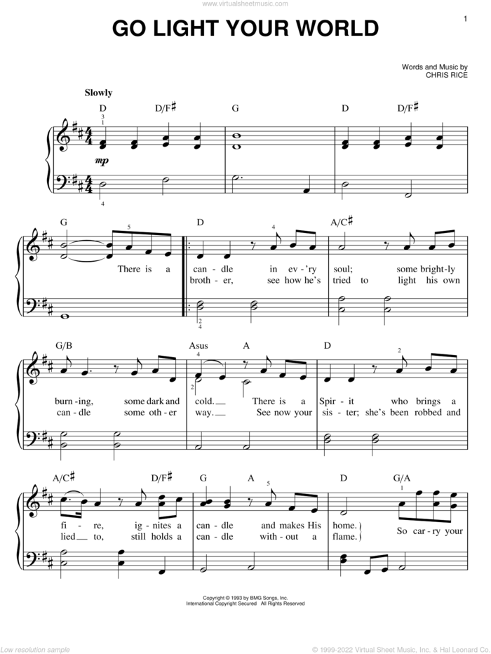 Go Light Your World sheet music for piano solo by Kathy Troccoli and Chris Rice, easy skill level