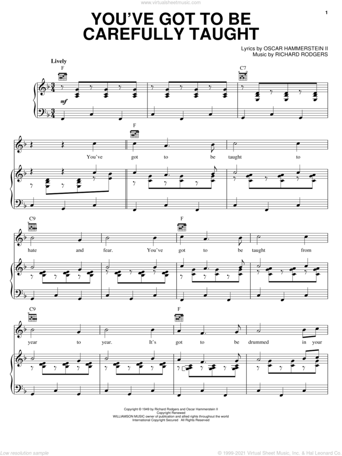You've Got To Be Carefully Taught sheet music for voice, piano or guitar by Rodgers & Hammerstein, South Pacific (Musical), Oscar II Hammerstein and Richard Rodgers, intermediate skill level