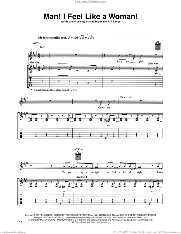 Man! I Feel Like A Woman! sheet music for guitar (tablature)