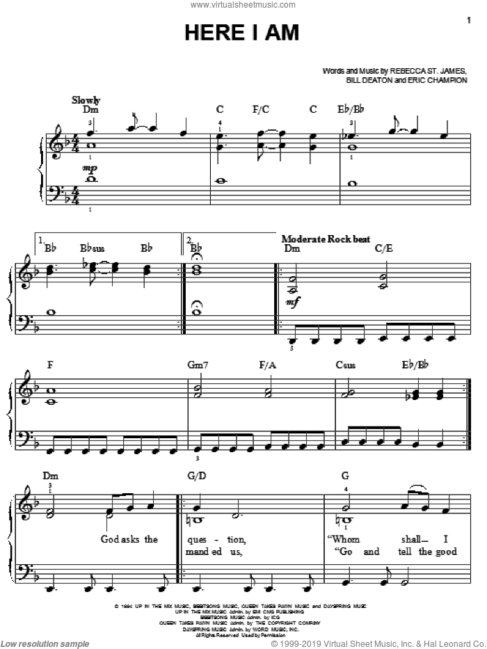 Here I Am sheet music for piano solo by Rebecca St. James, Bill Deaton and Eric Champion, easy skill level
