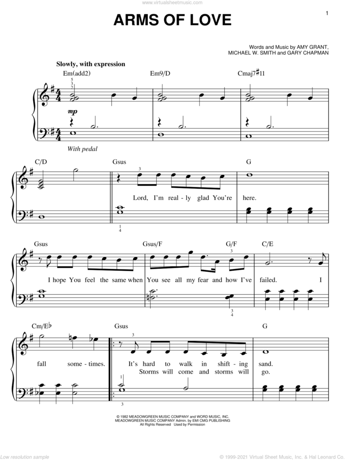 Arms Of Love sheet music for piano solo by Amy Grant, Gary Chapman and Michael W. Smith, wedding score, easy skill level