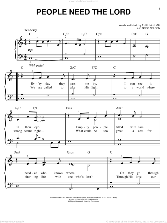 People Need The Lord, (easy) sheet music for piano solo by Steve Green, Greg Nelson and Phill McHugh, easy skill level