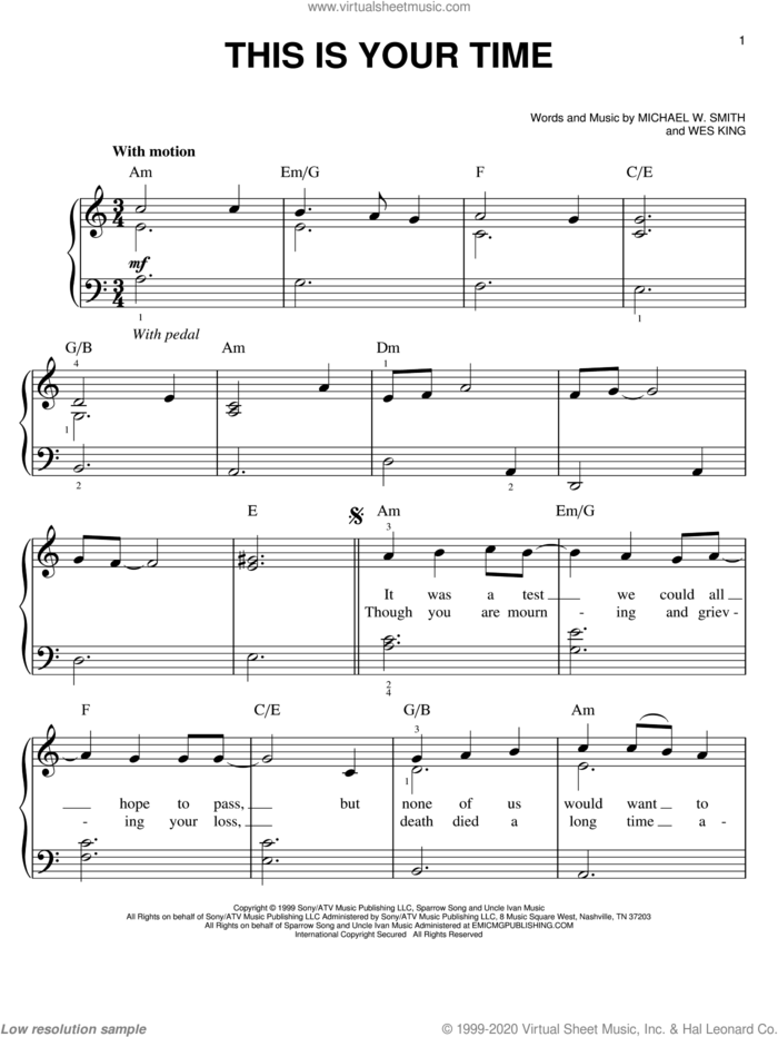 This Is Your Time sheet music for piano solo by Michael W. Smith and Wes King, easy skill level