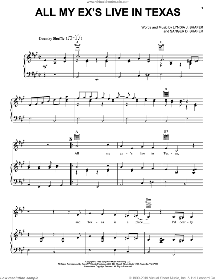 All My Ex's Live In Texas sheet music for voice, piano or guitar by George Strait, Lyndia J. Shafer and Sanger D. Shafer, intermediate skill level