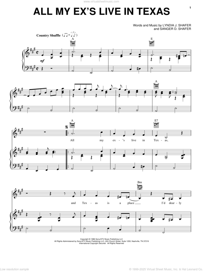 All My Ex's Live In Texas sheet music for voice, piano or guitar by George Strait, Lyndia J. Shafer and Sanger D. Shafer, intermediate skill level