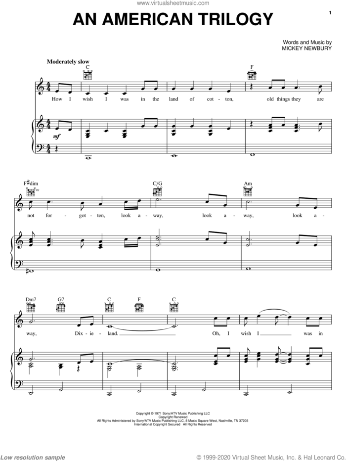 An American Trilogy sheet music for voice, piano or guitar by Elvis Presley and Mickey Newbury, intermediate skill level