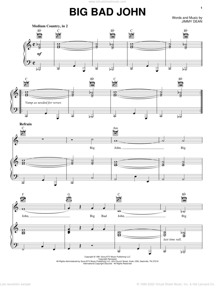 Big Bad John sheet music for voice, piano or guitar by Jimmy Dean, intermediate skill level