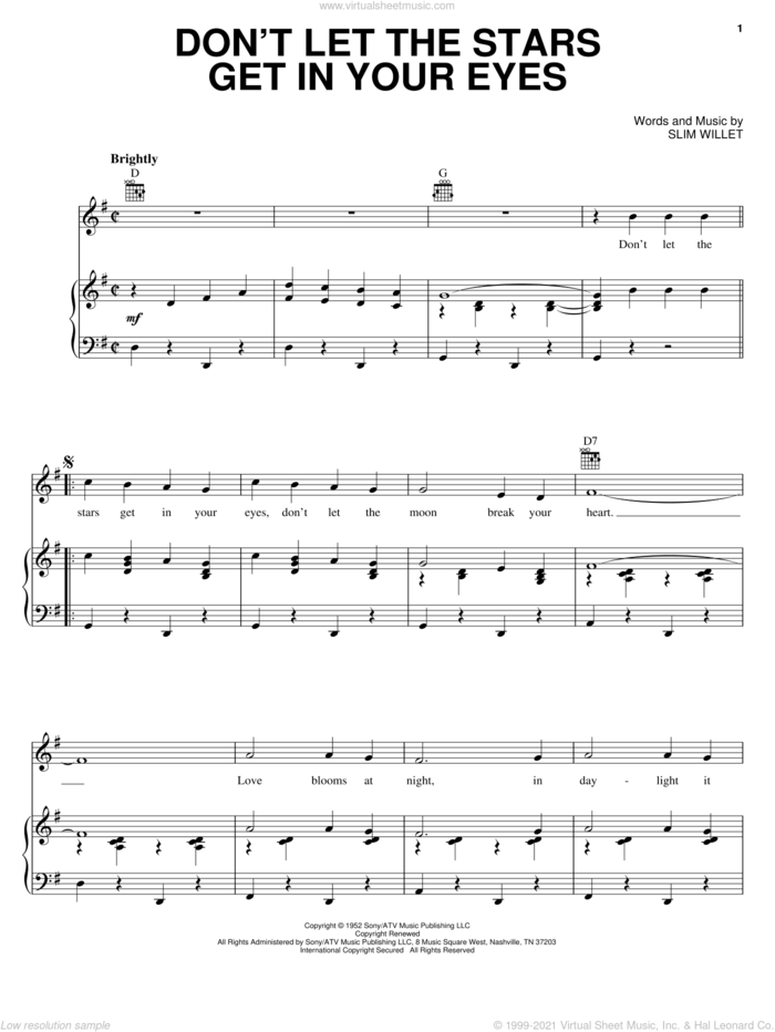 Don't Let The Stars Get In Your Eyes sheet music for voice, piano or guitar by Ray Price, Boxcar Willie, Perry Como, Skeets McDonald and Slim Willet, intermediate skill level