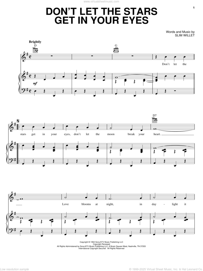 Don't Let The Stars Get In Your Eyes sheet music for voice, piano or guitar by Ray Price, Boxcar Willie, Perry Como, Skeets McDonald and Slim Willet, intermediate skill level